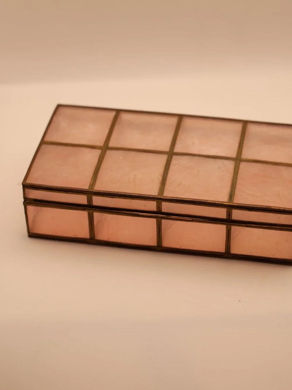 Vintage Pink Capiz Shell & Brass Framed Jewelry Box / Trinket Case